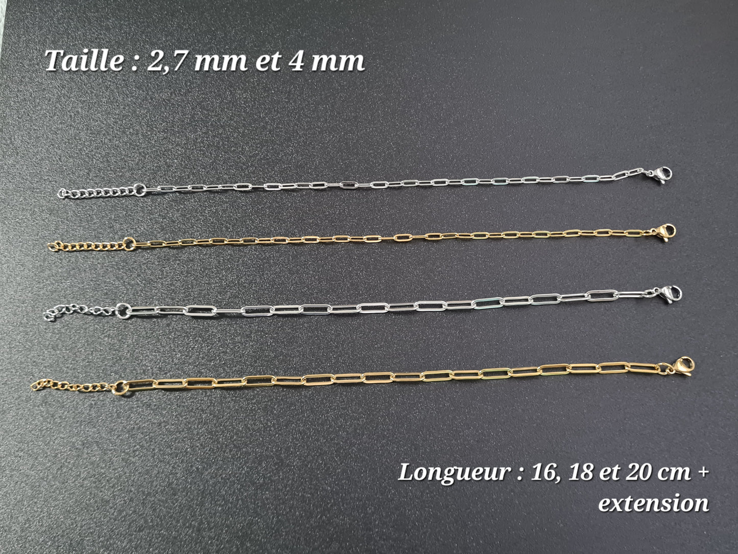 Bracelet maille de 2,7 et 4 mm et de longueur 16-18-20 cm